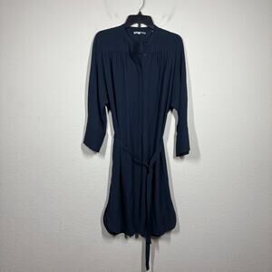 Vince Womens Size Medium Silk Shirt Dress Navy Button Up Tie Waist 3/4 Sleeves